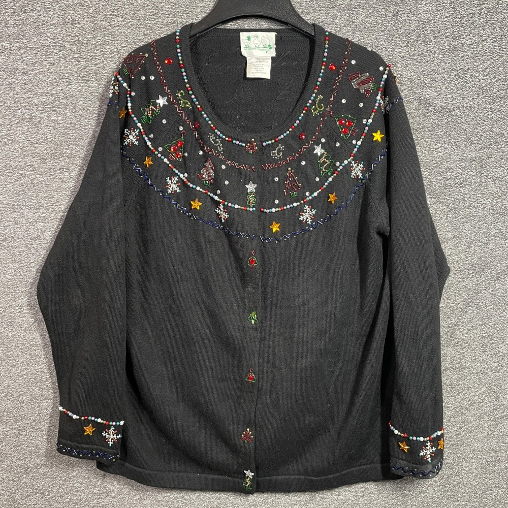 Quacker Factory Christmas Tree Beaded Cardigan Sweater Black Women XL Holiday